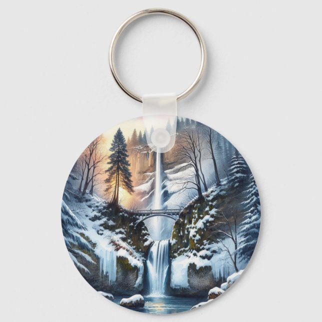 Multnomah Falls Snowy Christmas Tree Keychain (Front)