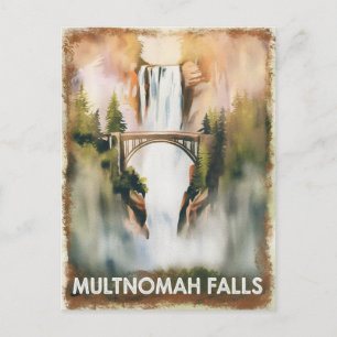 Multnomah Falls Vintage Watercolor Painting Travel Postcard