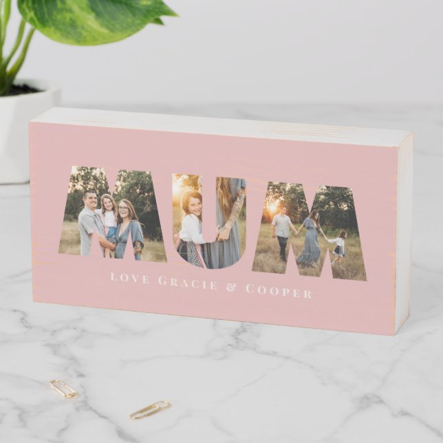 Mum 3 photo modern elegant pink mothers day wooden box sign (In Situ Horizontal)