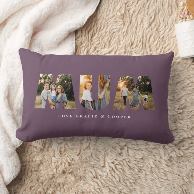 Mum 3 photo modern elegant purple mothers day lumbar pillow (Blanket)