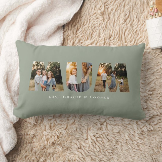 Mum 3 photo modern elegant sage green mothers day lumbar pillow (Blanket)