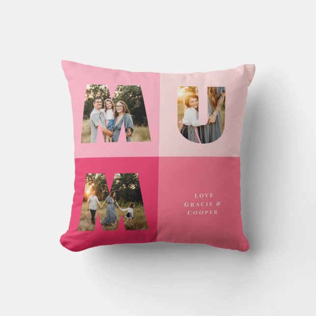 Mum 3 photo modern girly pink mothers day throw pillow (Front)