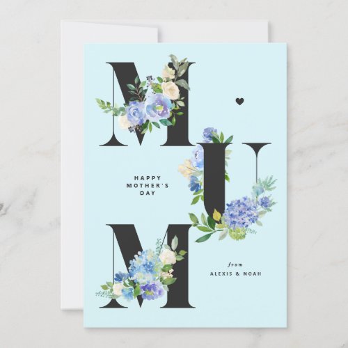 MUM Blue Hydrangeas Floral Happy Mothers Day Holiday Card