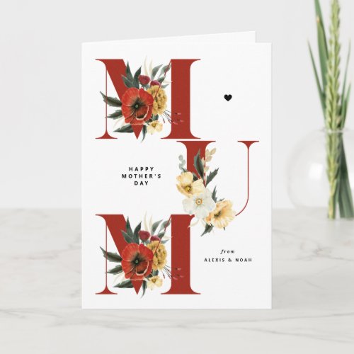 MUM Boho Flowers Red Happy Mothers Day Card