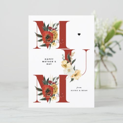 MUM Boho Flowers Red Happy Mothers Day Holiday Card