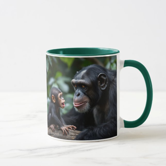 Mum chimpanzee is watching her baby tenderly. mug (Right)