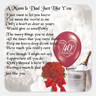 Mum Dad Wedding Anniversary Gifts On Zazzle Mum Dad Poem 40th Wedding Anniversary Square Sticker