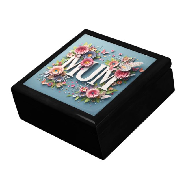 MUM Design Text with Flowers and Butterflies Gift Box (Side)