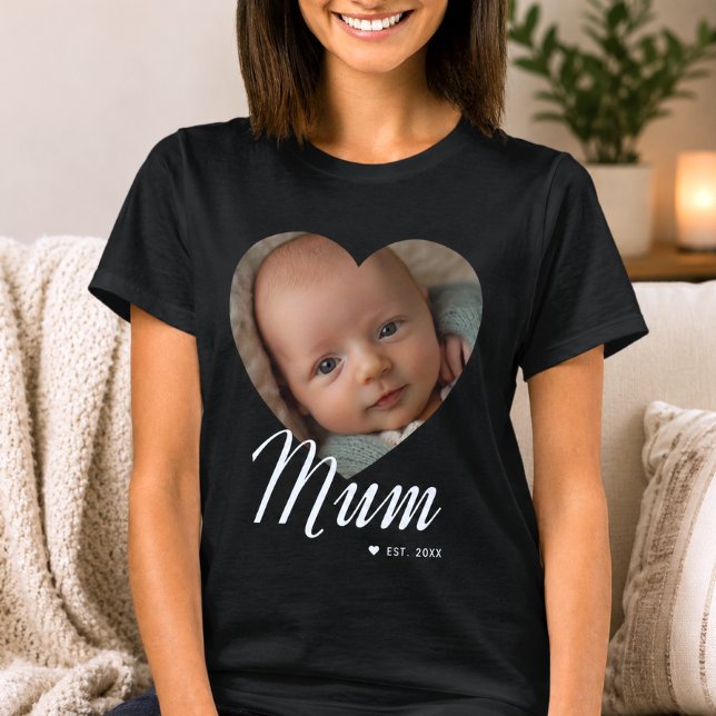 Mum Established Script Heart Photo Black T-Shirt (Creator Uploaded)