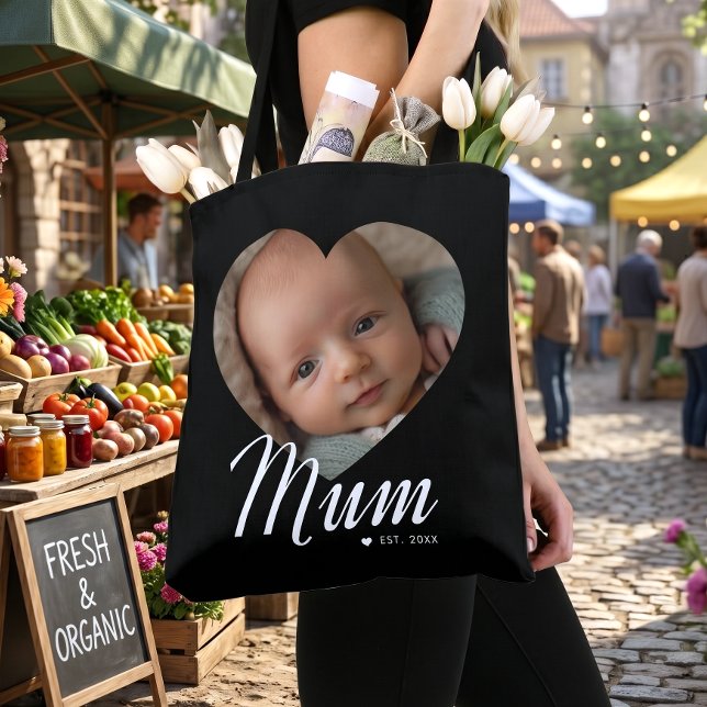 Mum Established Script Heart Photo Black Tote Bag (Creator Uploaded)
