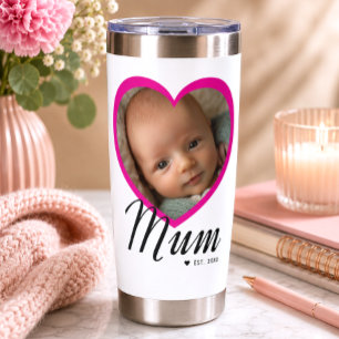 Mum Established Script Pink Heart Photo White Insulated Tumbler