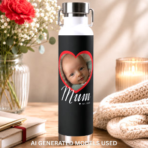 Mum Established Script Red Heart Photo Black Water Bottle