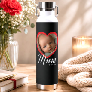 Mum Established Script Red Heart Photo Black Water Bottle