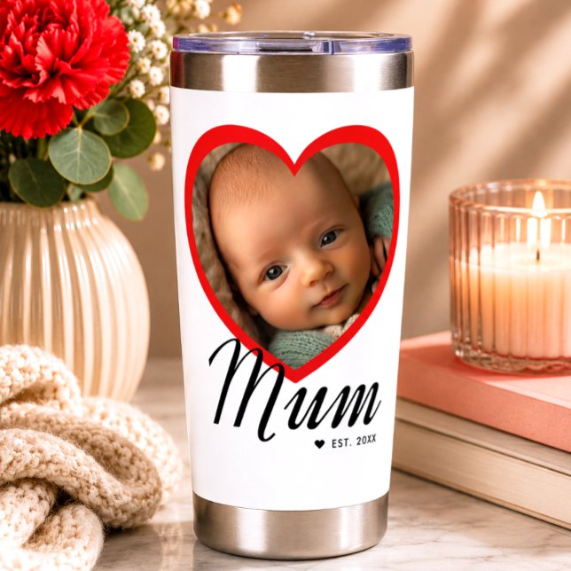 Mum Established Script Red Heart Photo White Insulated Tumbler (Creator Uploaded)
