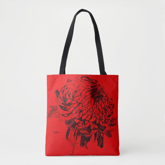Mum Flower Line Drawing Red Grey Black Tote Bag (Front)