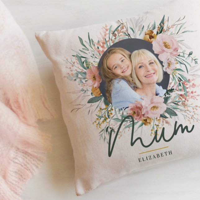 mum gift photo watercolour floral mothers day throw pillow (Creator Uploaded)