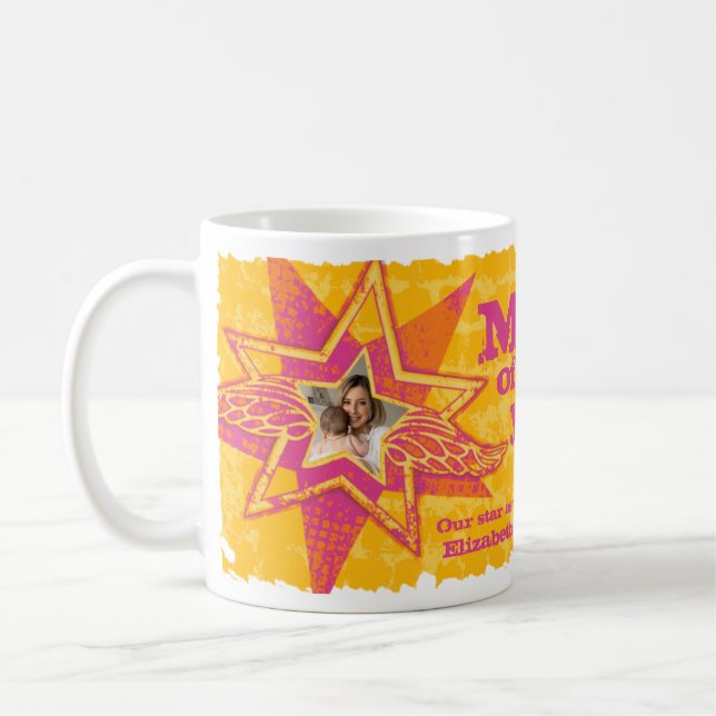Mum of the year photo stars yellow pink mug (Left)