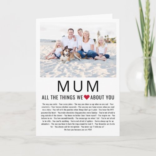 Mum Photo Things We Love About You Mothers Day  Card