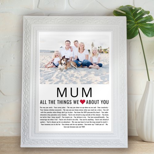 Mum Photo Things We Love About You Mothers Day  Poster