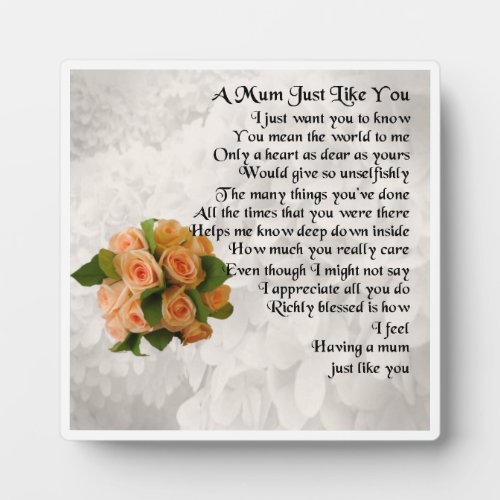 Mum Poem Plaque  _  Peach Roses  Design