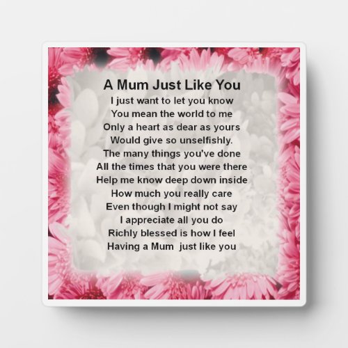 Mum Poem Plaque  _  Pink Floral  Design