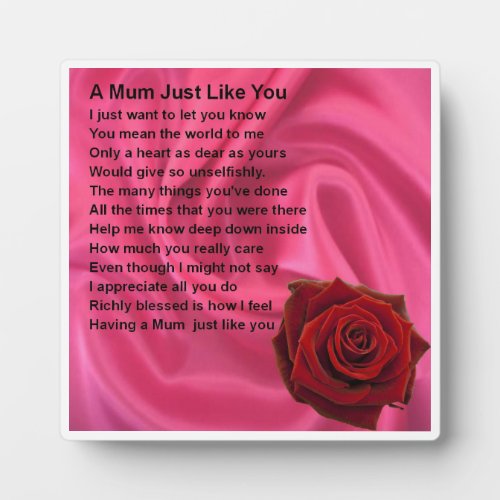 Mum Poem Plaque  _  Pink silk  Rose  Design