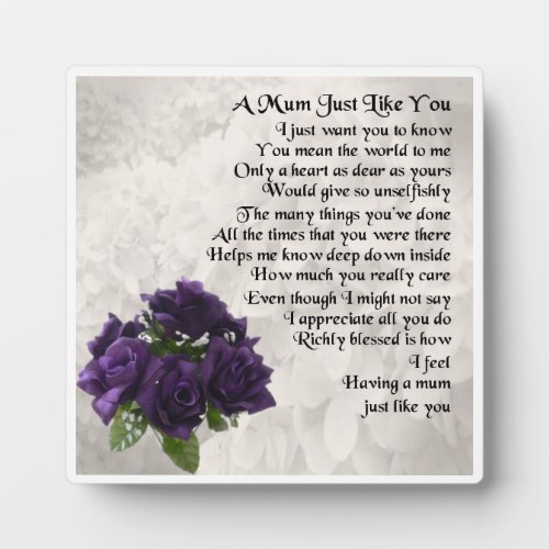 Mum Poem Plaque  _  Purple Roses  Design