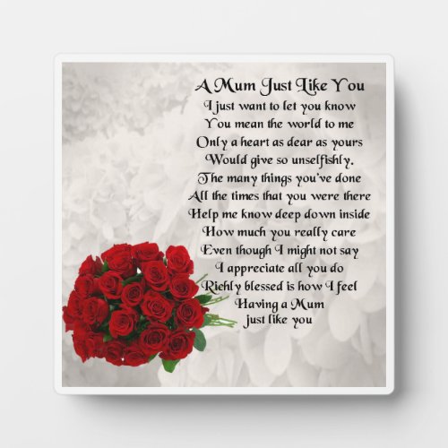 Mum Poem Plaque  _  Red Roses  Design