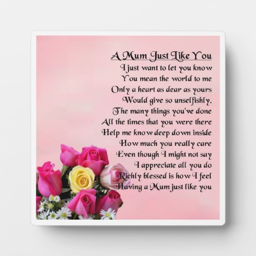 Mum Poem Plaque  _  Roses  Design