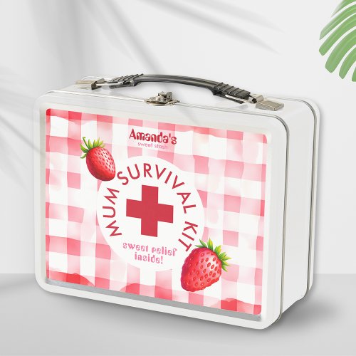 Mum Survival Kit Strawberry Gingham New Baby Gift Metal Lunch Box