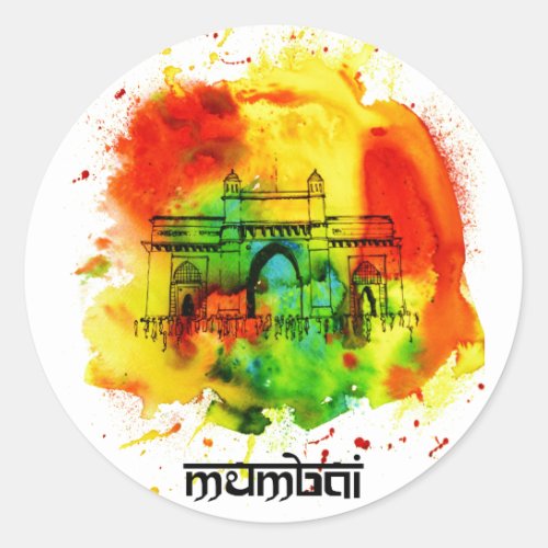 mumbai gateway of india bright watercolors classic round sticker