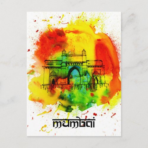 mumbai gateway of india bright watercolors postcard