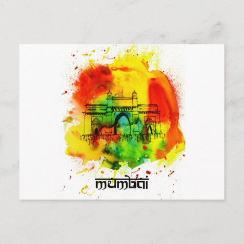 mumbai gateway of india bright watercolors postcard