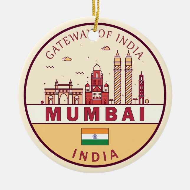 Mumbai India City Skyline Emblem Ceramic Ornament (Front)
