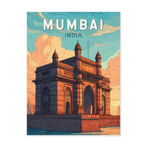 Mumbai India Illustration Travel Art Vintage Postcard