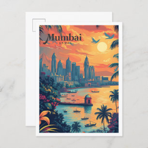 Mumbai India Vintage Art Travel Illustration Postcard