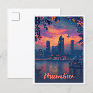 Mumbai India Vintage Art Travel Illustration Postcard