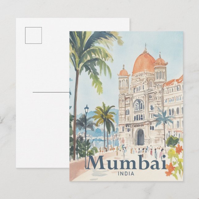 Mumbai India Watercolor Painting Travel Postcard (Front/Back)
