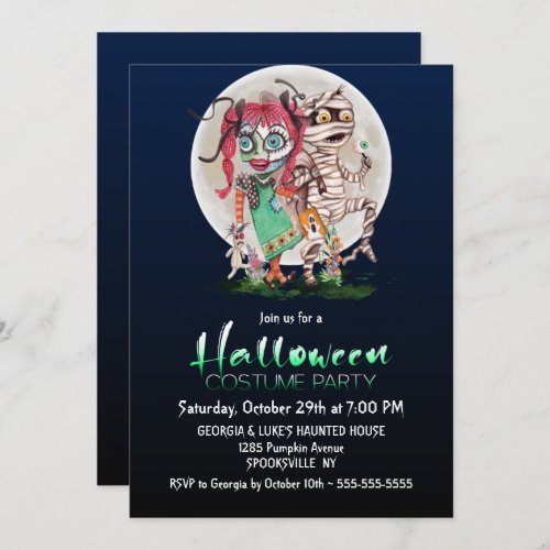 Mummy and Rag Doll Halloween Costume Party Invitation