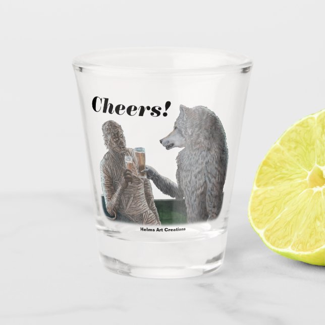 Mummy and Werewolf Drinking Fantasy Art Shot Glass (Front)