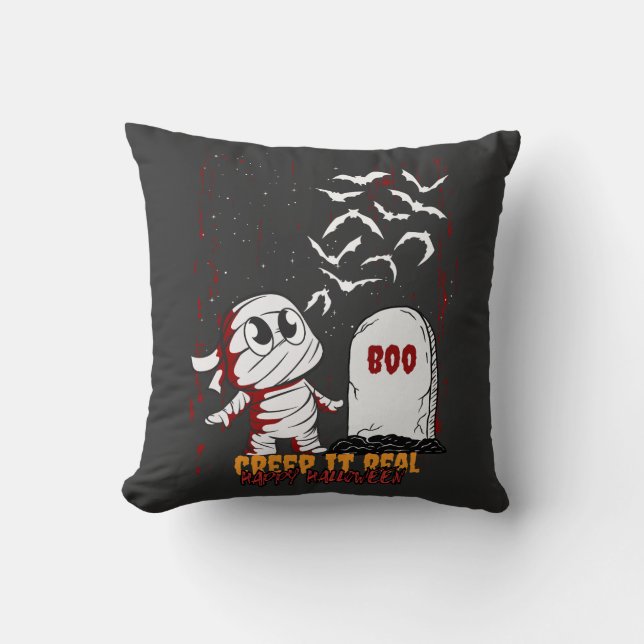 Mummy at Grave Boo Halloween Throw Pillow (Front)