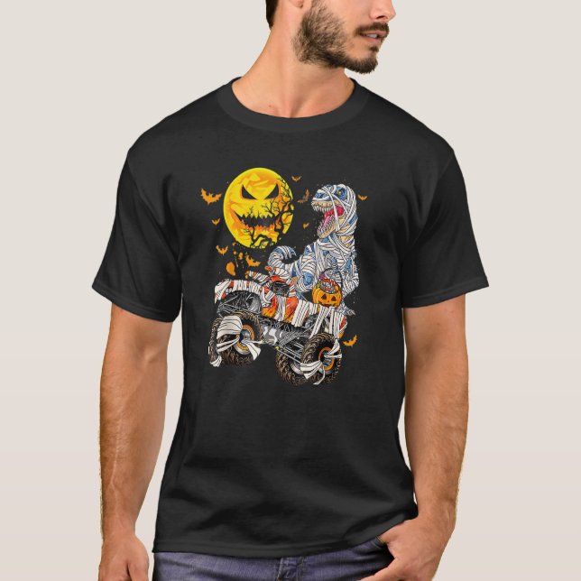 Mummy Dinosaur And Monster Truck  Halloween Pumpki T-Shirt (Front)