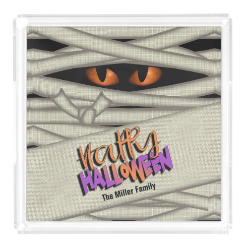 Mummy Eyes Happy Halloween OrangePurple ID685 Acrylic Tray