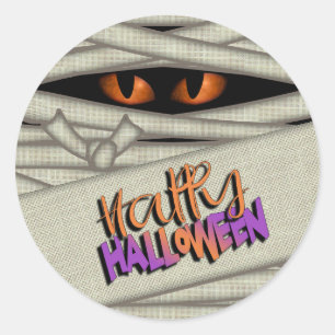 Mummy Eyes Happy Halloween Orange/Purple ID685 Classic Round Sticker