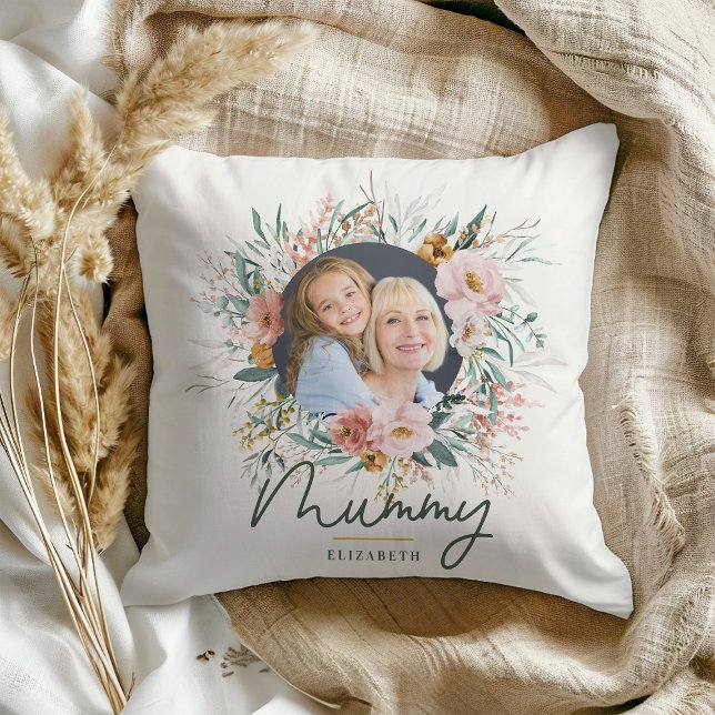 mummy gift photo watercolour floral mothers day throw pillow (Creator Uploaded)