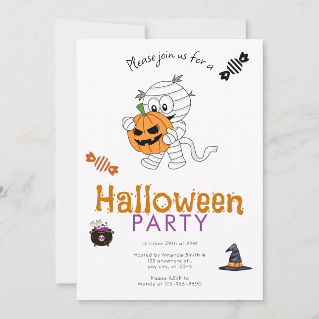 Mummy Holding Jack-O' Lantern Halloween Party Invitation (Front)