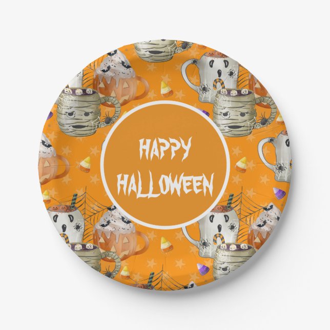 Mummy Mugs Happy Halloween  Paper Plates (Front)