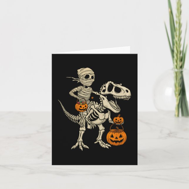 Mummy Skeleton Riding Dinosaur T Rex Kids Boys Men Card (Front)