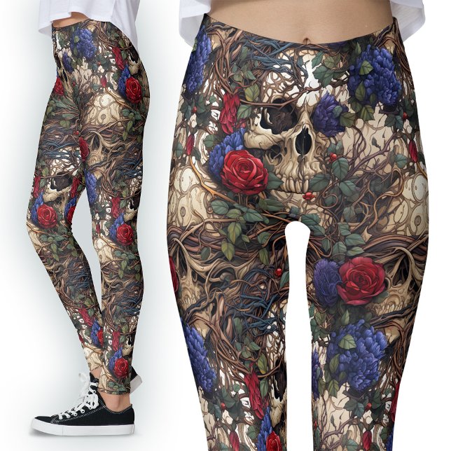Mummy Skulls Dark Fantasy Vintage Roses Goth Leggings (Creator Uploaded)