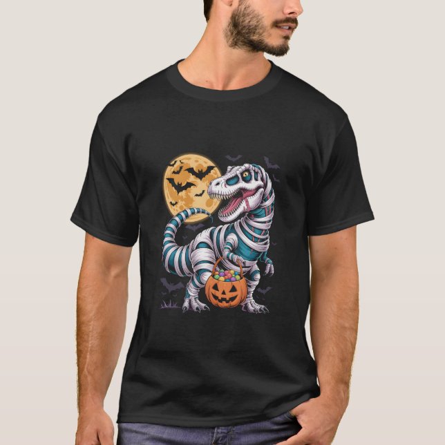 Mummy T-Rex Halloween Dinosaur Trick or Treat Moon T-Shirt (Front)
